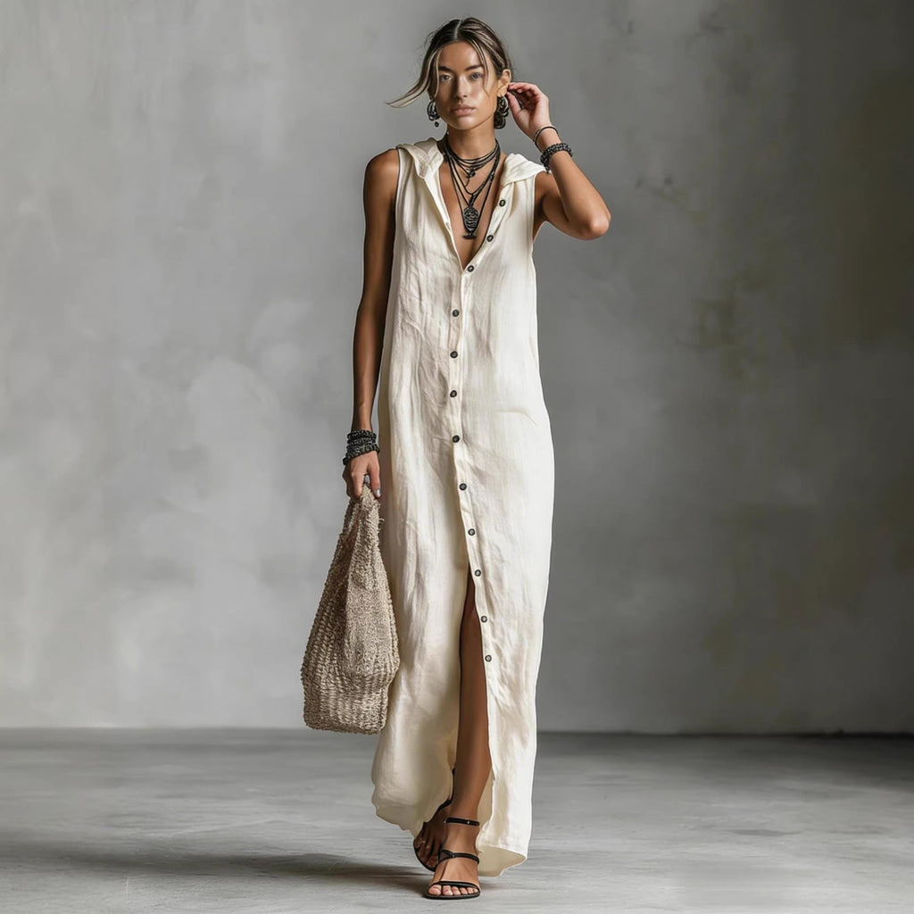 Women's Sleeveless Deep V-Neck Hooded Loose Maxi Dress – 6 Colors XS–3XL