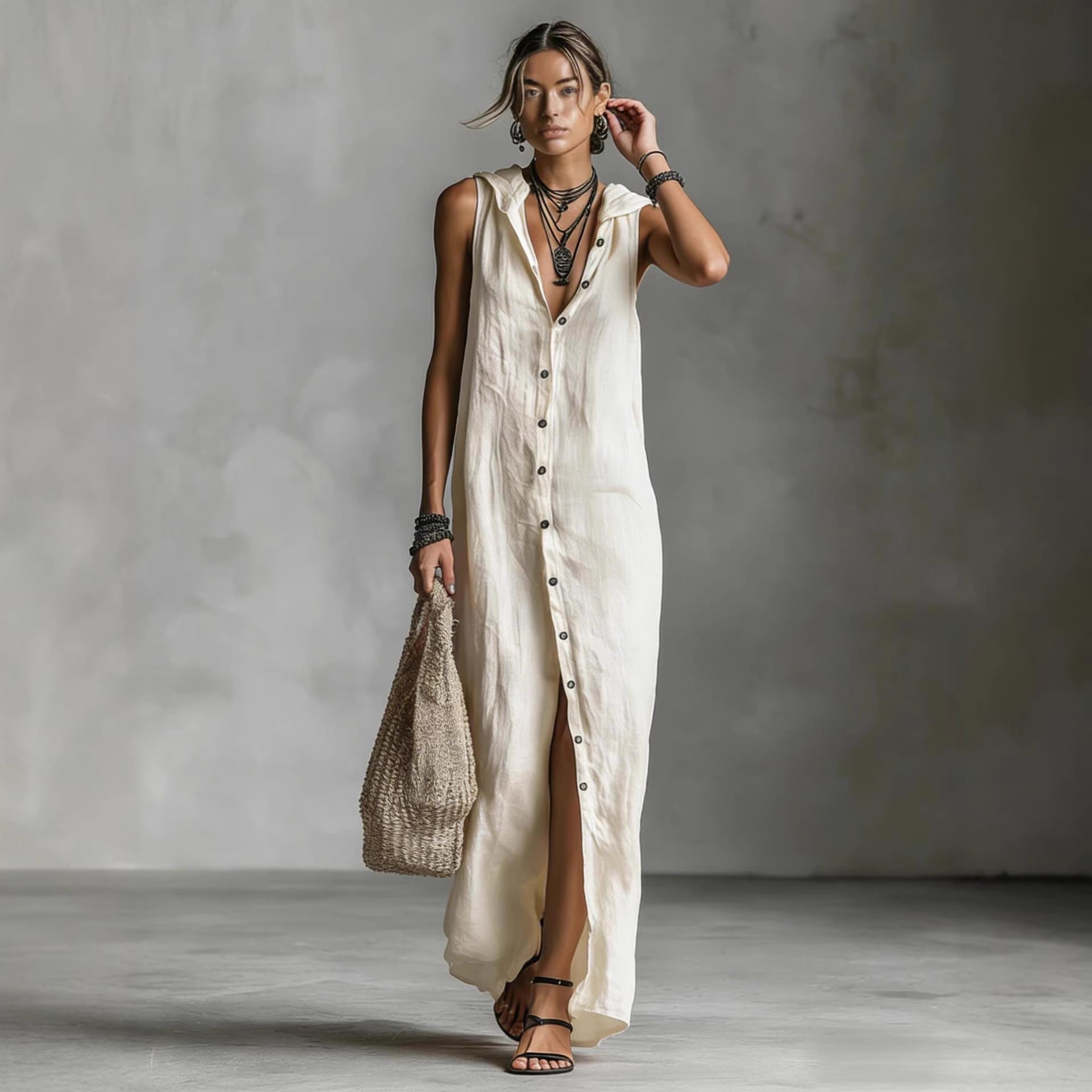 Women's Sleeveless Deep V-Neck Hooded Loose Maxi Dress – 6 Colors XS–3XL