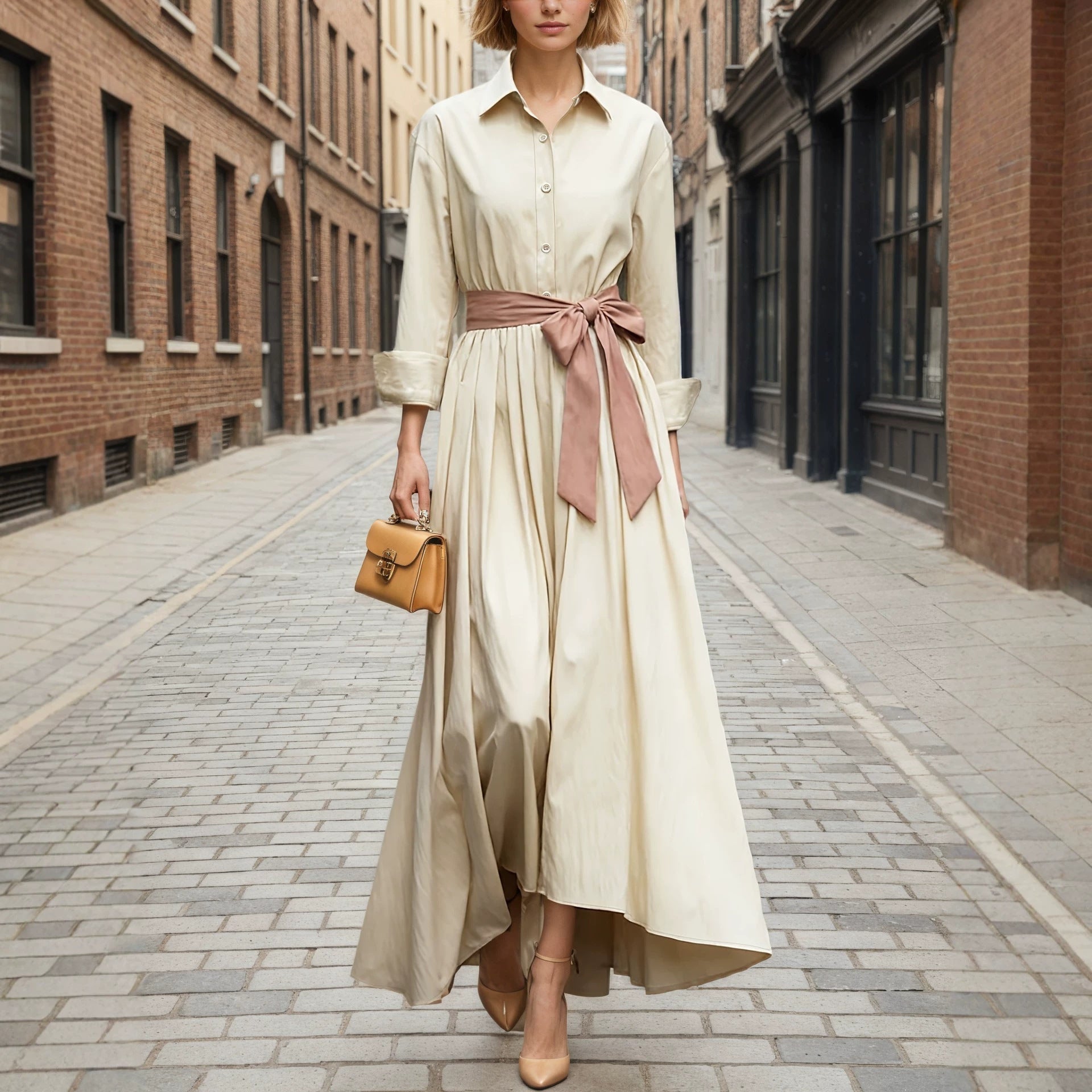 Long Sleeve Polo Collar High Waist Maxi Dress for Women – Solid Color Button Dress