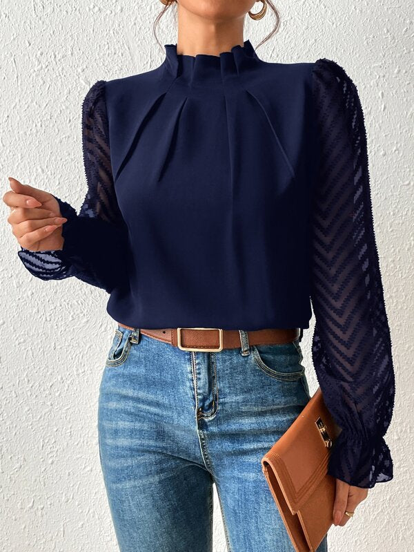 Women's Mock Neck Chiffon Blouse – Wave Pattern Sheer Long Sleeve with Ruffle Cuffs