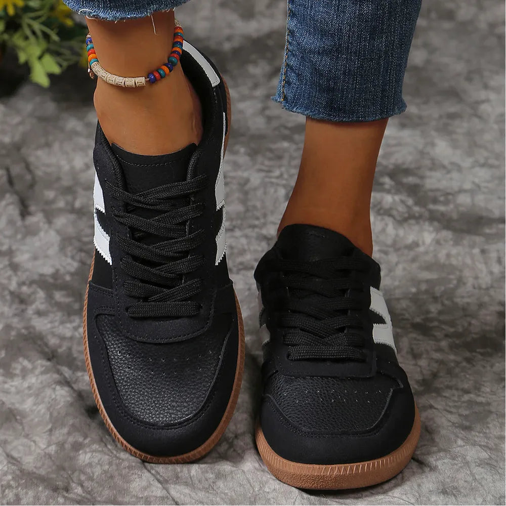 Contrast Lace-Up Round Toe Flat Sneakers – PU Cloth Casual