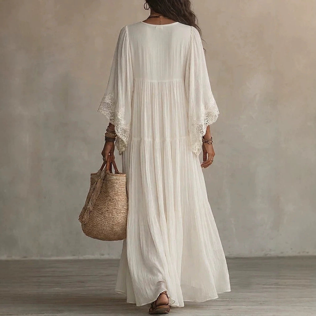 Women's Deep V-Neck Lace Trim Flared Sleeve Boho Maxi Dress