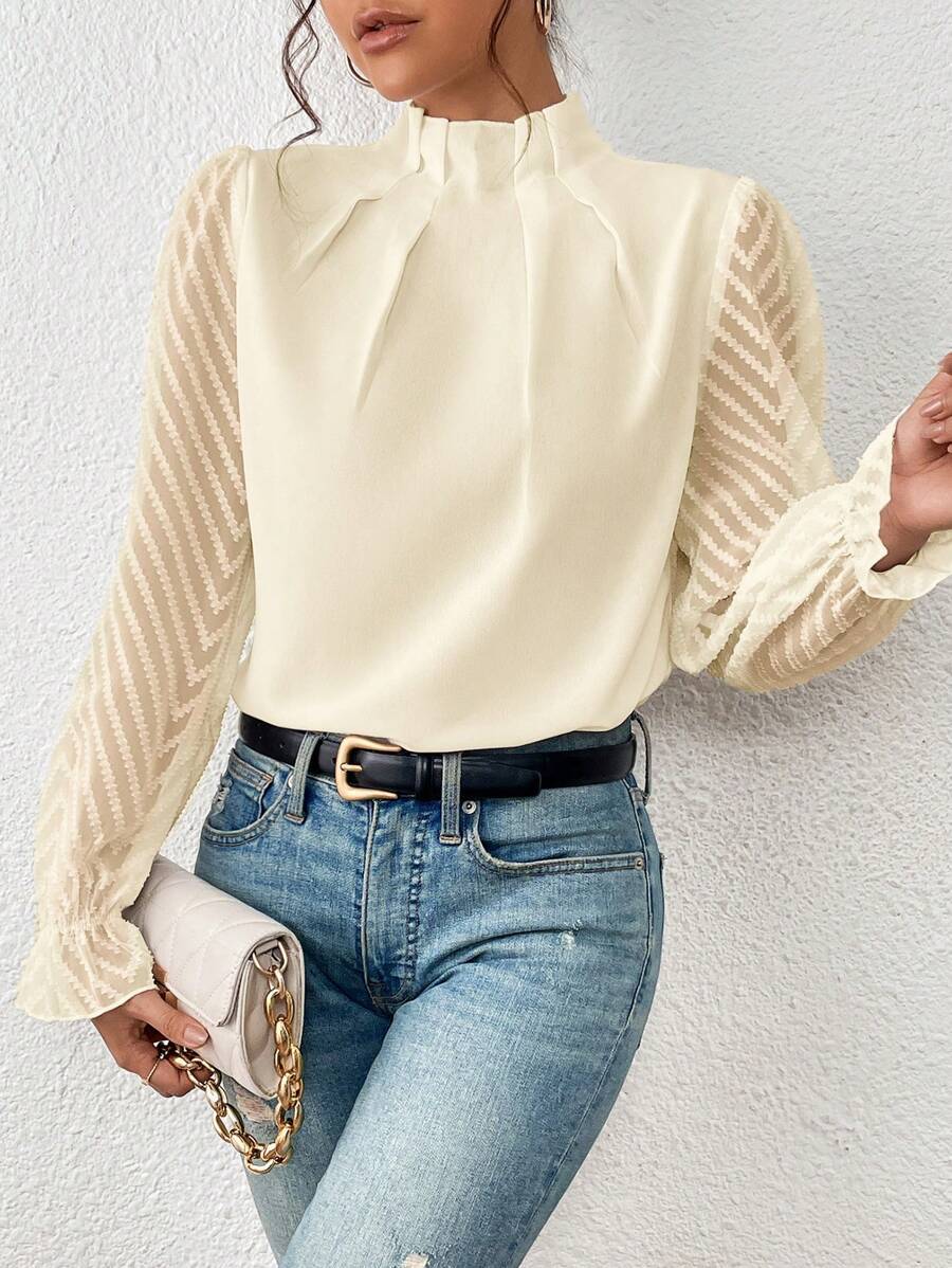 Women's Mock Neck Chiffon Blouse – Wave Pattern Sheer Long Sleeve with Ruffle Cuffs