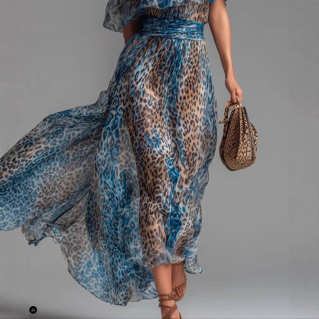 Women's Leopard Print Asymmetrical Shoulder Maxi Dress | Ruffle Waist-Cinching Boho Dress