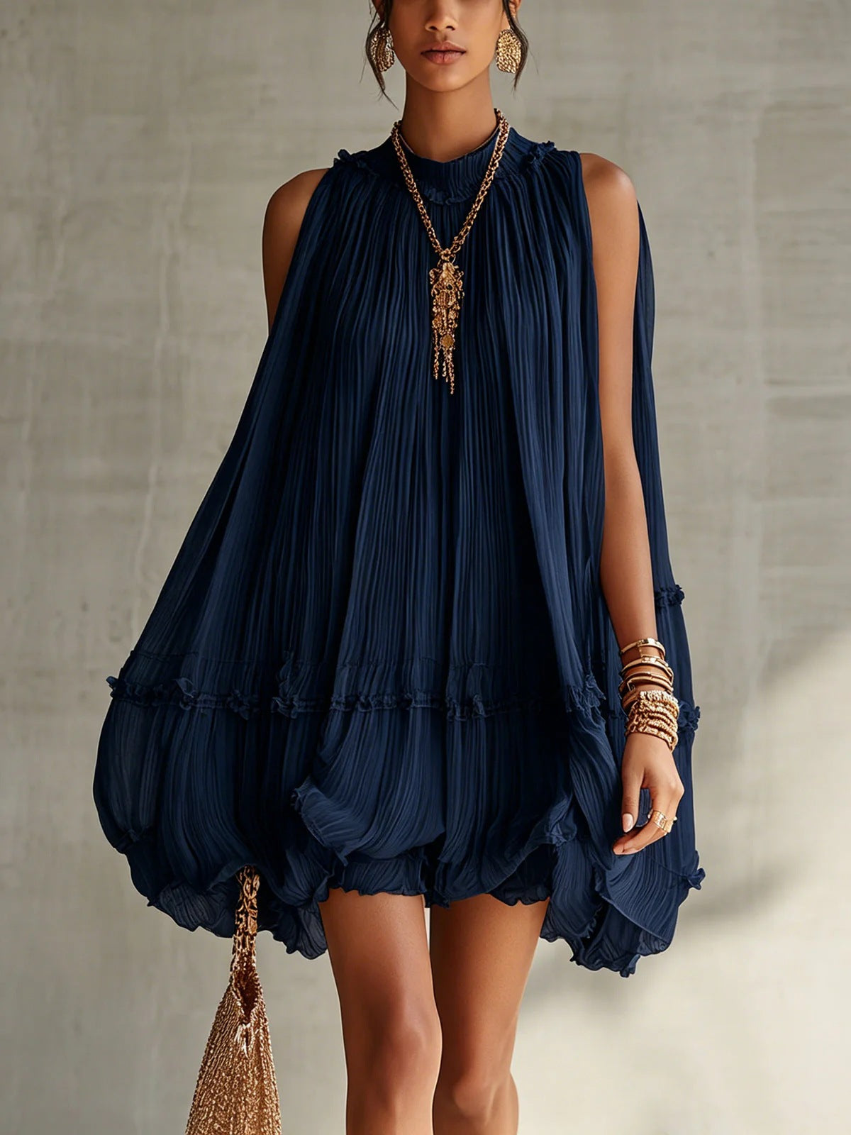Women's Sleeveless Pleated Puff Skirt A-Line Mini Dress – Ruffled Hem Baby Doll