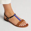 Women's Colour-Block T-Strap Flat Sandals – Open Toe with Buckle Ankle Strap