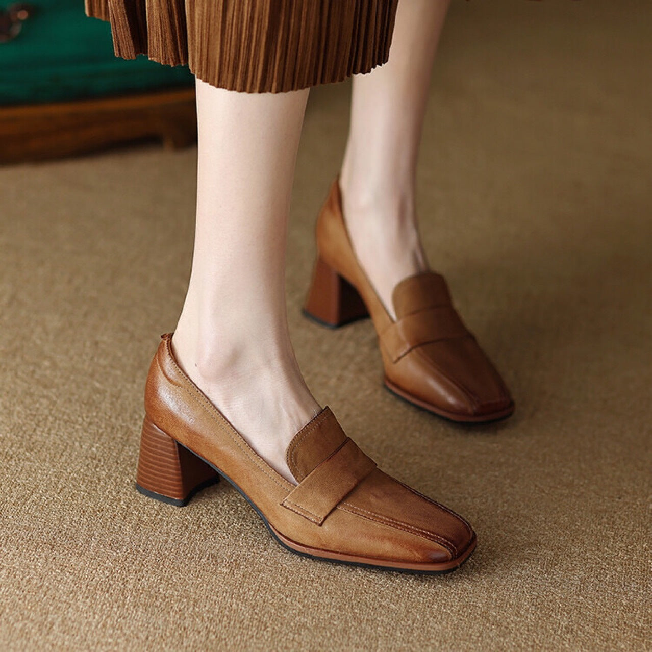 Women's Sheepskin Square Toe Chunky Heel Pumps – Retro High Heel Dress Shoes