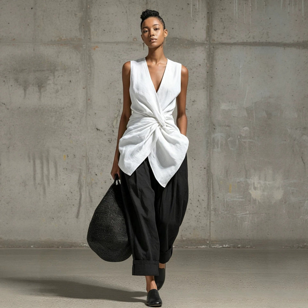 Women's Tie-Front V-Neck Sleeveless Top & Wide-Leg Pants Set