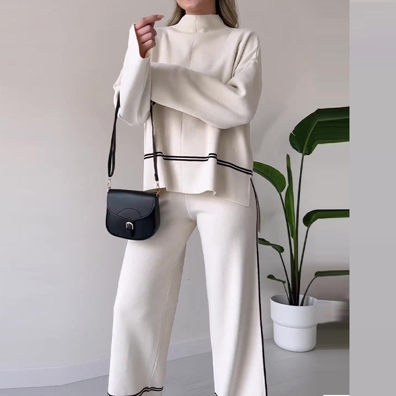 Women’s Solid Color Casual Two-Piece Set – Loose Top & Bootcut Pants Suit