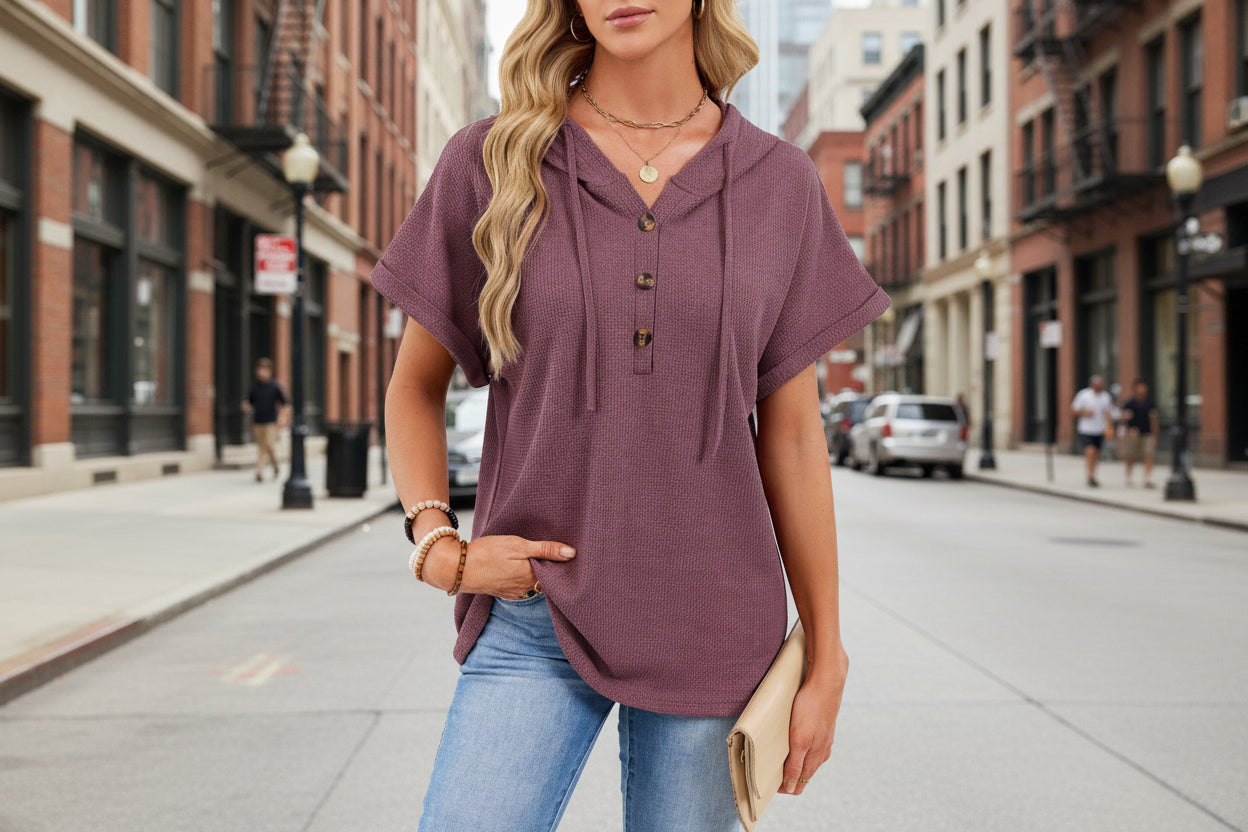 Women's Waffle Knit Hooded Short-Sleeve Top – Drawstring Button Pullover