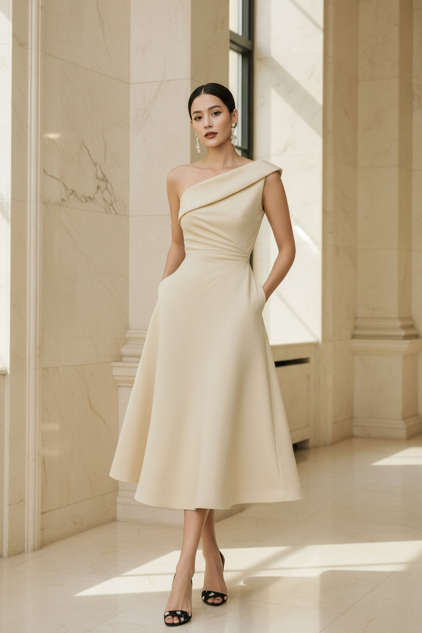Women's Off-Shoulder Swing Dress – Solid Color Flowy Midi