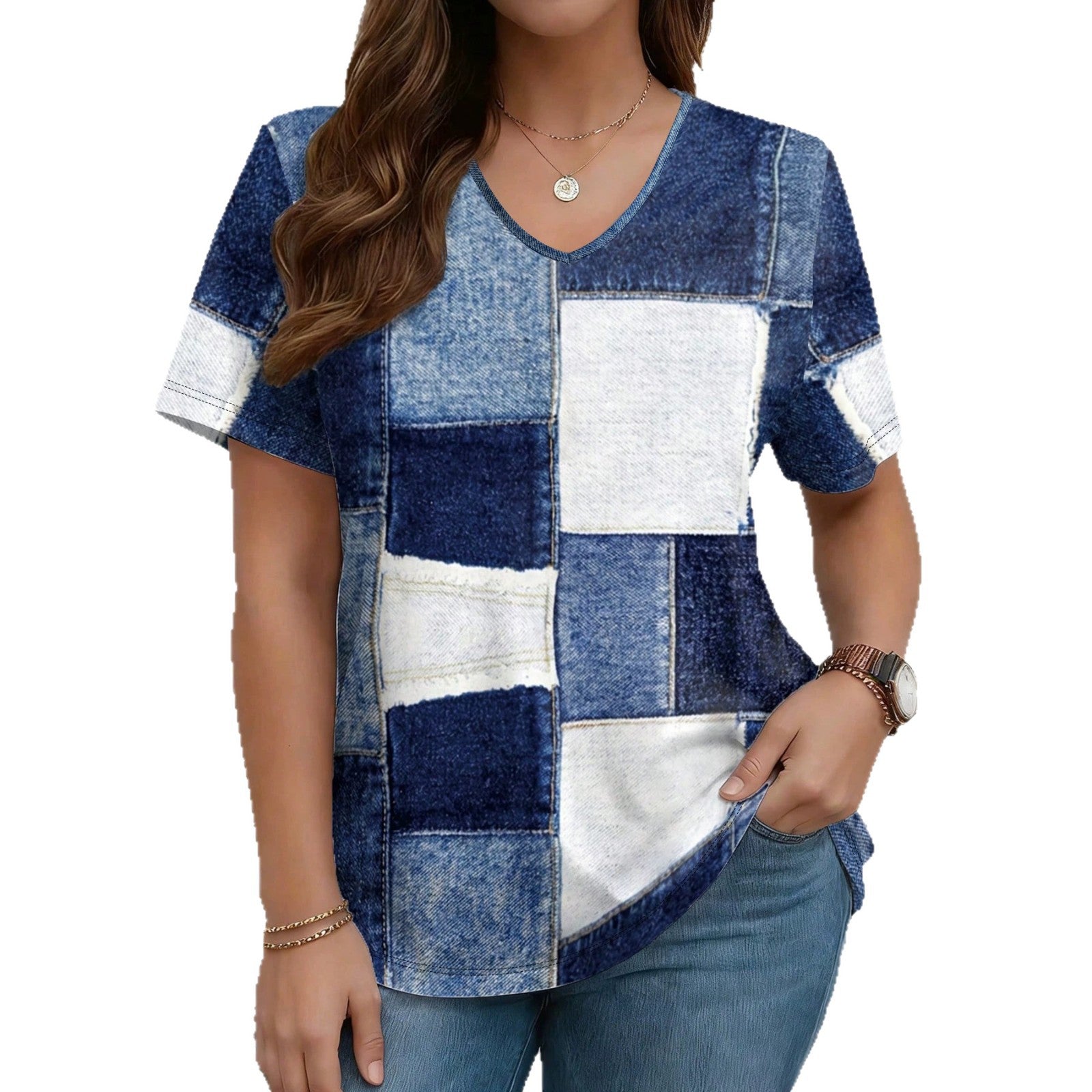 V-Neck Denim Print Short Sleeve T-Shirt | Loose Casual Tee