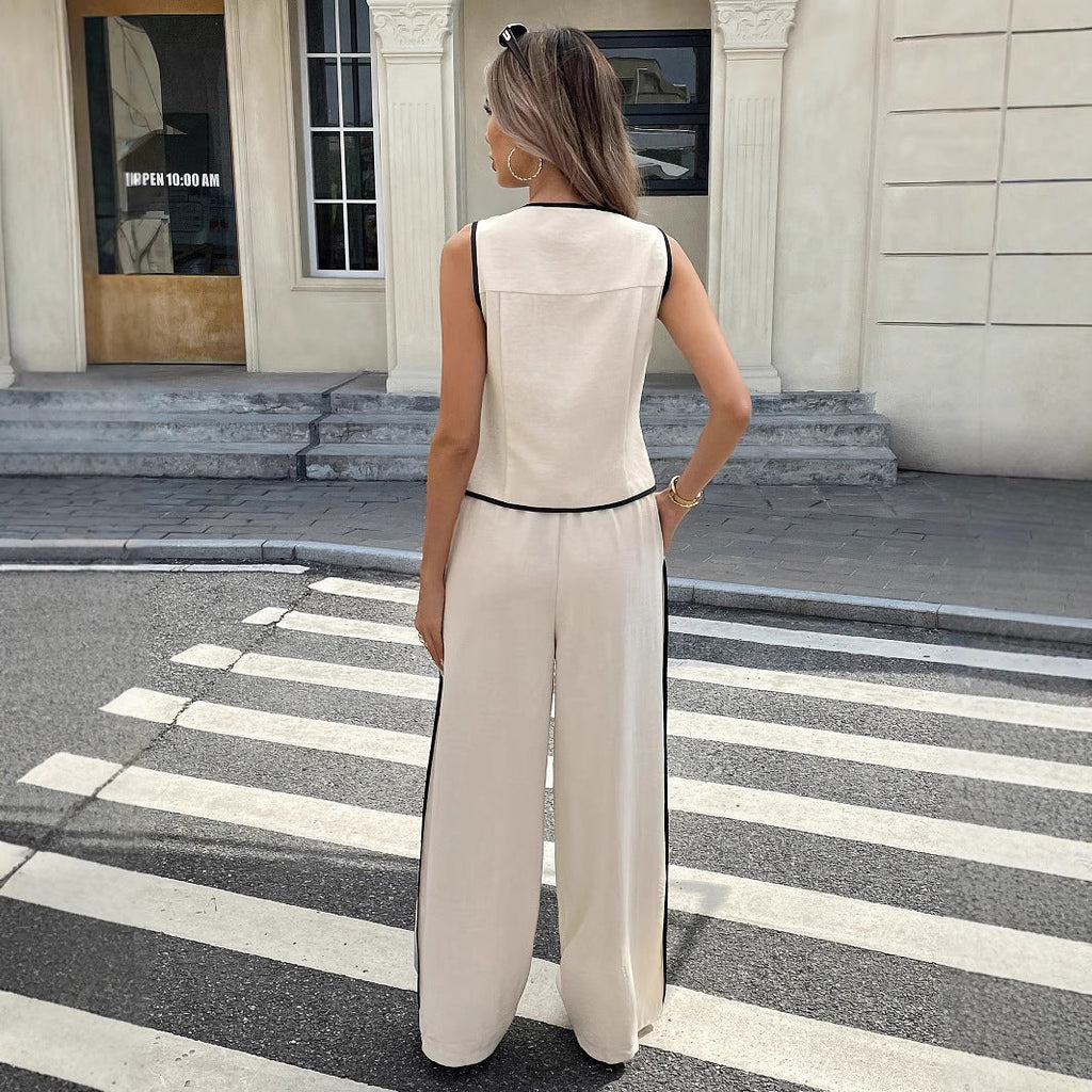 Women's Contrast Color Sleeveless Vest & Drawstring Trousers Suit – 6 Colors S–XXL