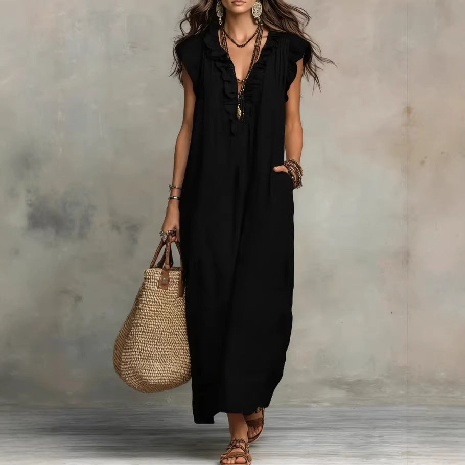 Women's Sleeveless Ruffle Pocket Maxi Dress