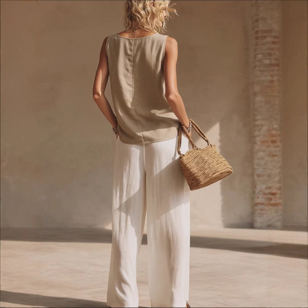 Women's Front-Button Cardigan Sleeveless Top & Long Pants Set