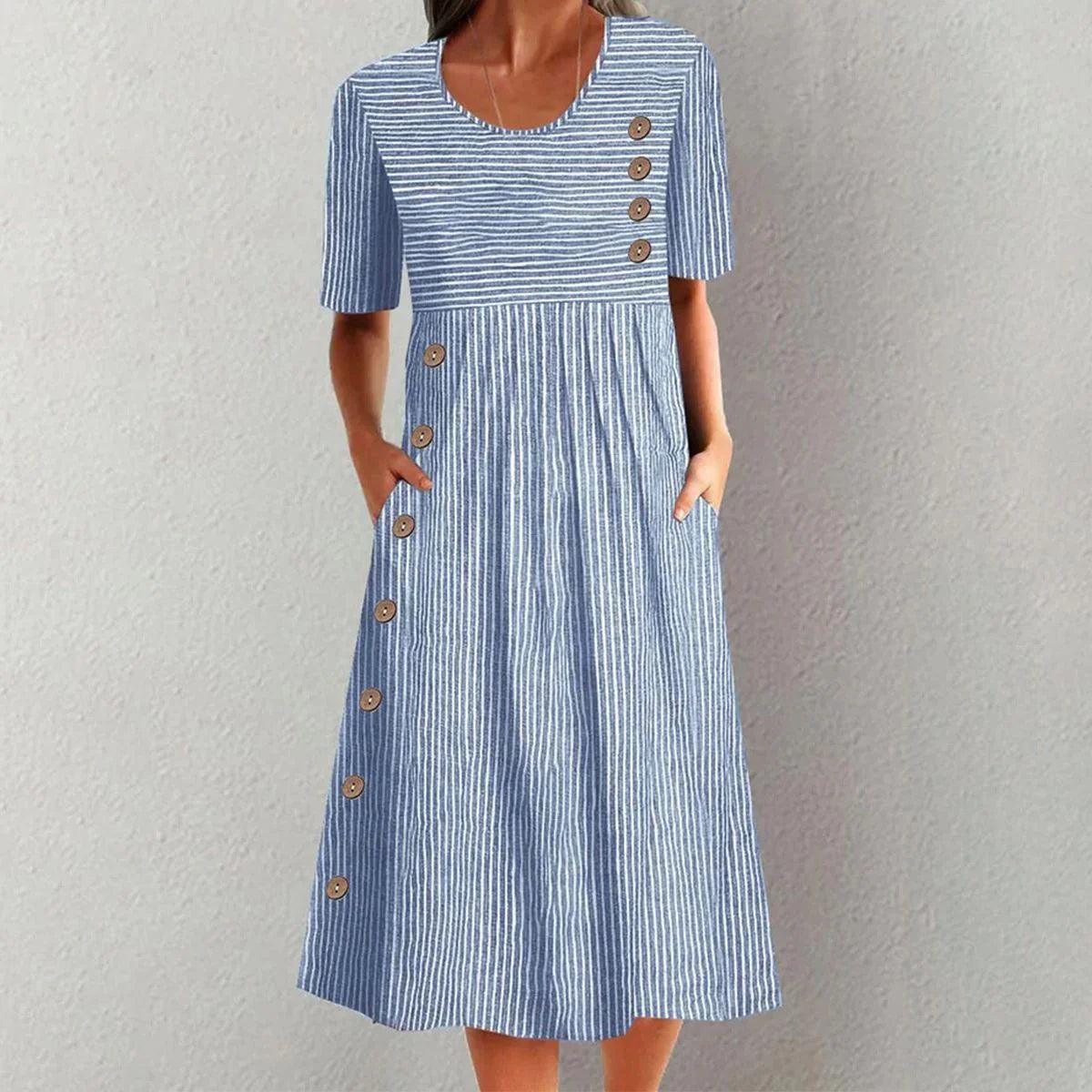 Button-Down Swing Maxi Dress – Short Sleeve Pocket Pullover Long Dress