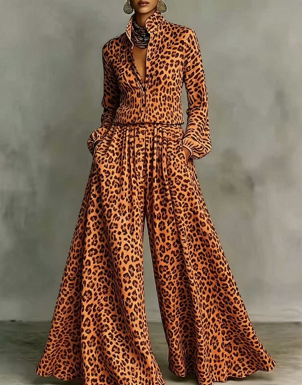 Leopard Print Wide-Leg Pants Set – Women’s Casual Two-Piece