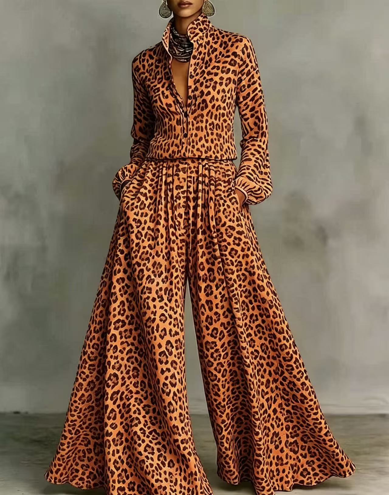 Leopard Print Wide-Leg Pants Set – Women’s Casual Two-Piece