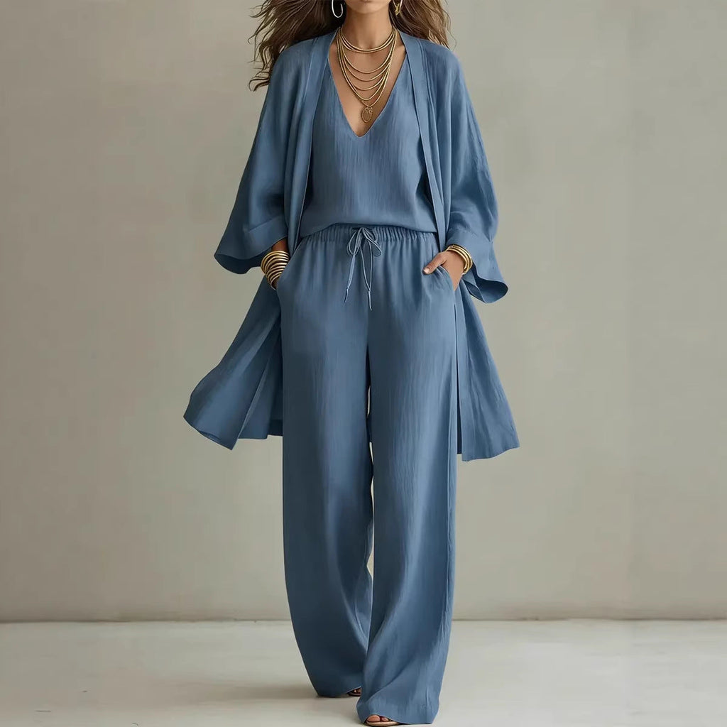 Women's V-Neck Cardigan Coat, Pocket Vest & Long Pants Three-Piece Set