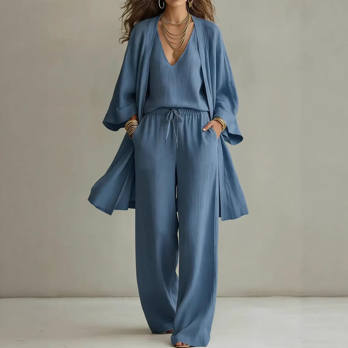 Women's V-Neck Cardigan Coat, Pocket Vest & Long Pants Three-Piece Set