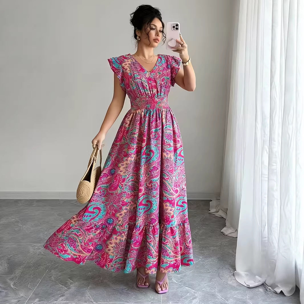 Women's V-Neck Floral Print A-Line Midi Dress – High Waist Sleeveless