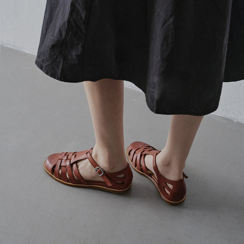 Women's Washed Full Grain Leather Fisherman Sandals – Closed-Toe Woven T-Strap