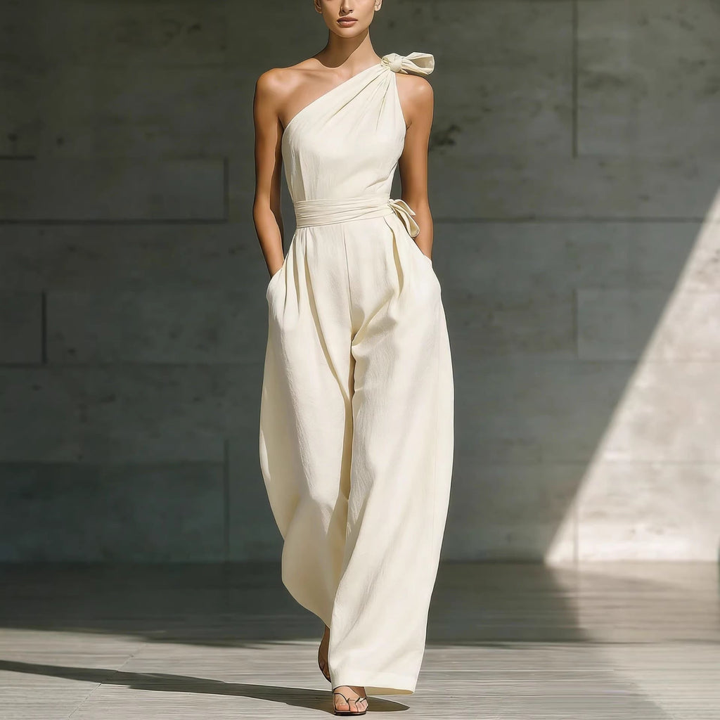 Women's Loose Sleeveless Off-Shoulder Belted Wide-Leg Jumpsuit