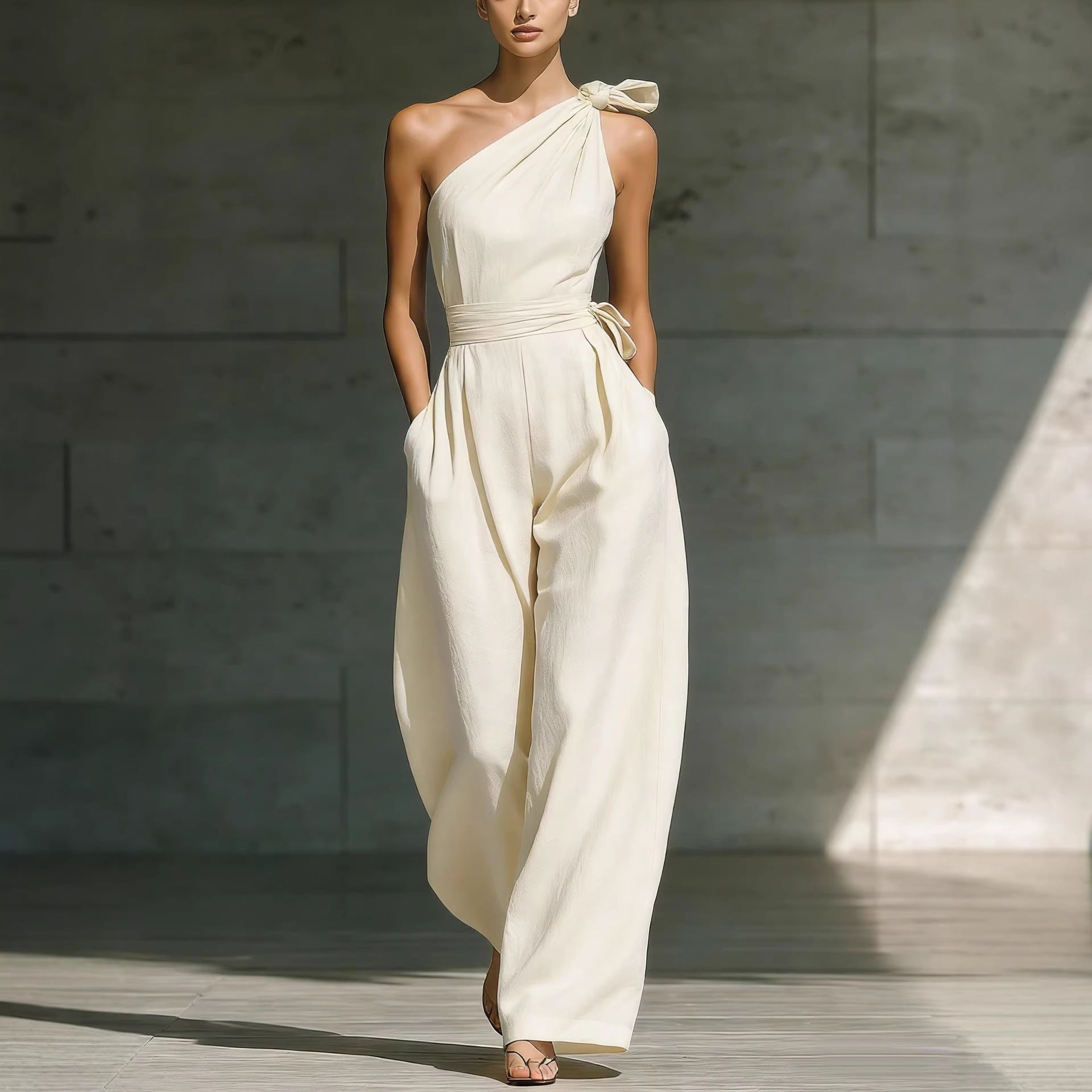 Women's Loose Sleeveless Off-Shoulder Belted Wide-Leg Jumpsuit