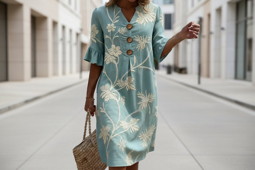 Women's Resort V-Neck Coconut Print Loose Three-Quarter Sleeve Dress