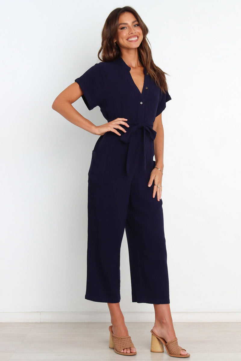 Women's V-Neck Cropped Wide-Leg Knit Jumpsuit