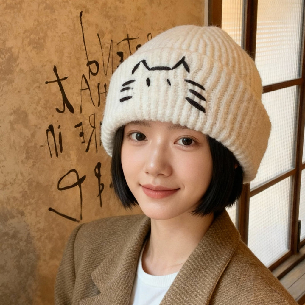 Women’s Cute Cat Line Design Knitted Hat – Warm Fall & Winter Beanie