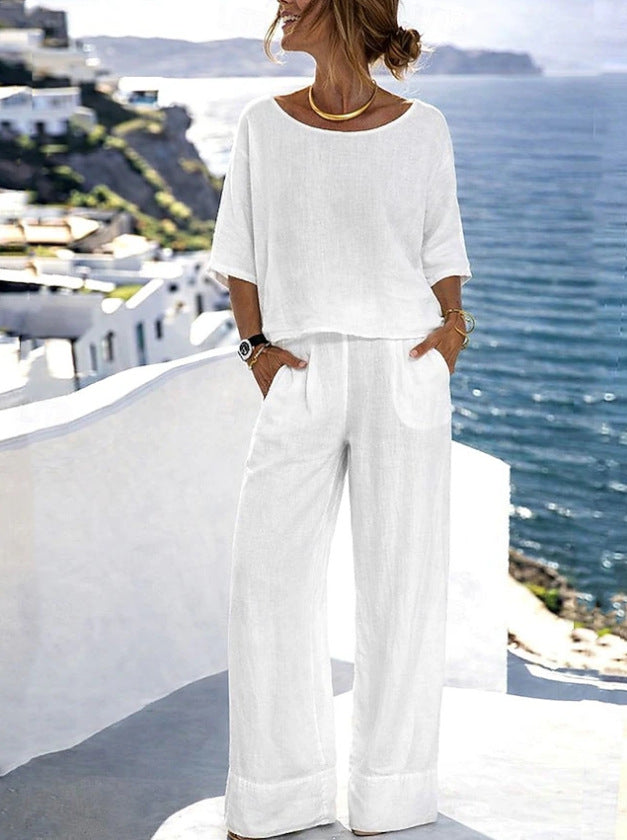 Women's Resort Set – Short Sleeve Top & Wide-Leg Pants