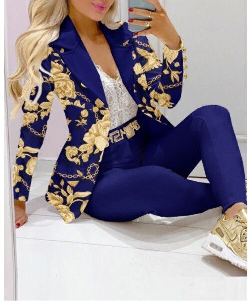 Women's Printed Coat & Trousers Two-Piece Set – 19 Prints, Casual Fashion Suit