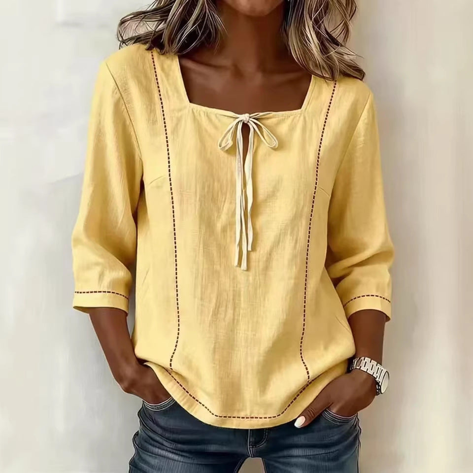 Printed Lace-Up Square-Neck Shirt – Three-Quarter Sleeve, Ramie