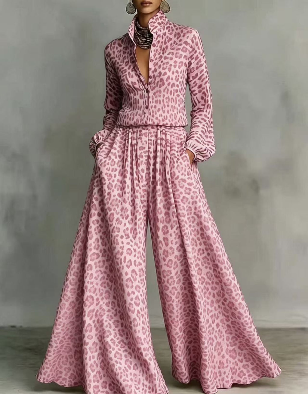 Leopard Print Wide-Leg Pants Set – Women’s Casual Two-Piece
