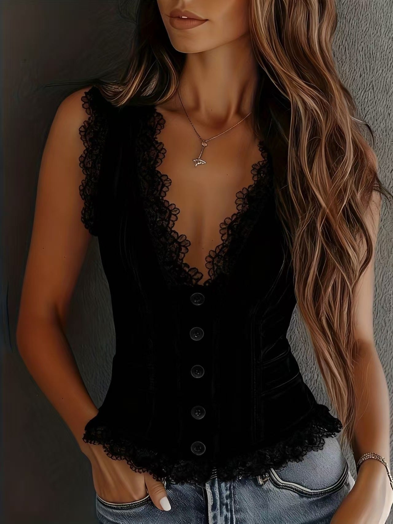 Lace Trim Button-Down Crop Tank Vest Women