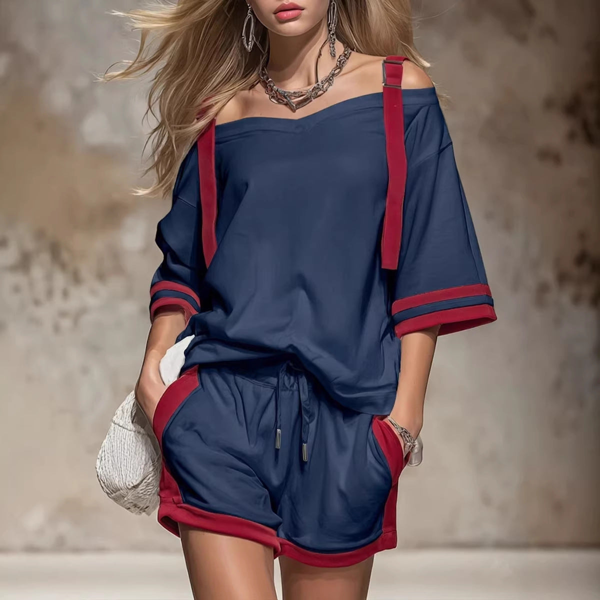 Women's Summer Contrast Color-Block Patchwork Shorts Set – 2-Piece