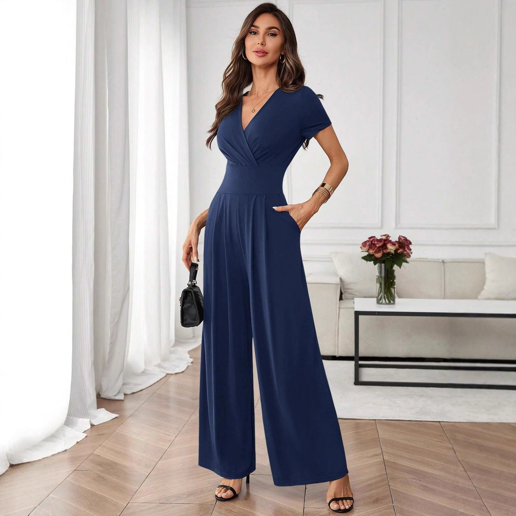 Three-Quarter Sleeve Pleated Wide-Leg Jumpsuit | 2 Colors S–XL