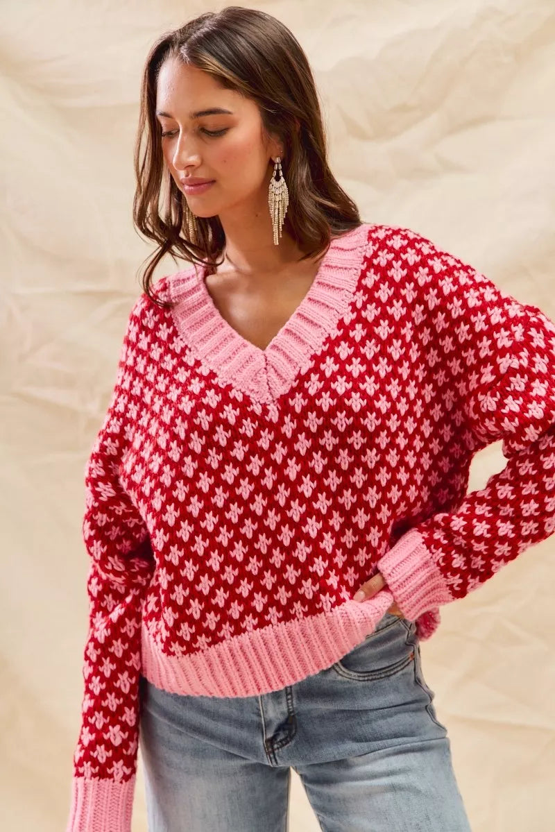 SO ME Color Block Textured Christmas Sweater V Neck Top