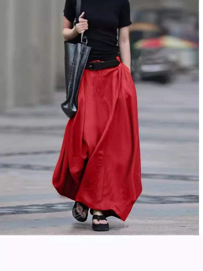 Women's High-Waist Flared Maxi Skirt – Solid Color Cotton Linen with Pockets