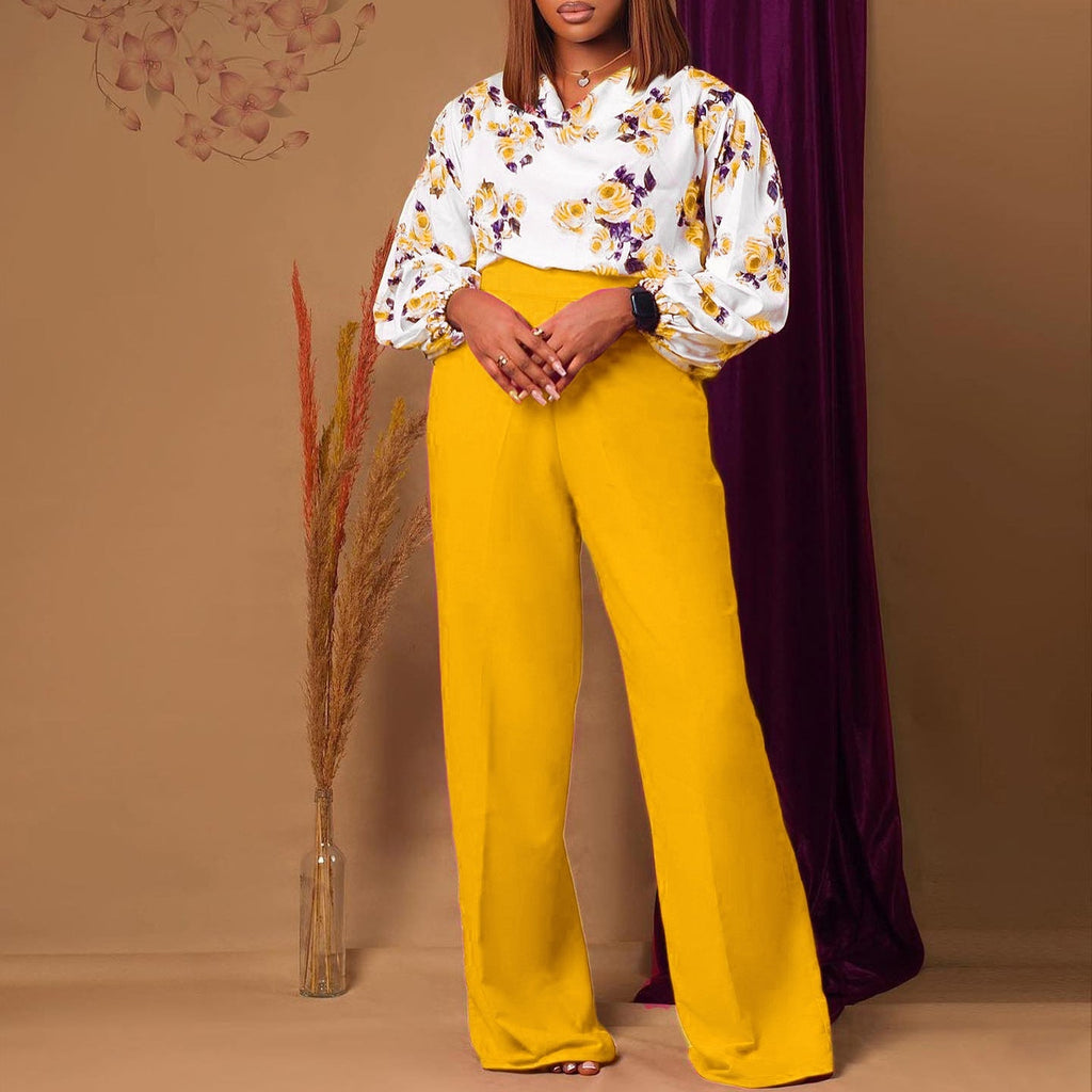 Printed Floral Lace-Up Top & Wide-Leg Pants Set – 4 Colors, S–3XL