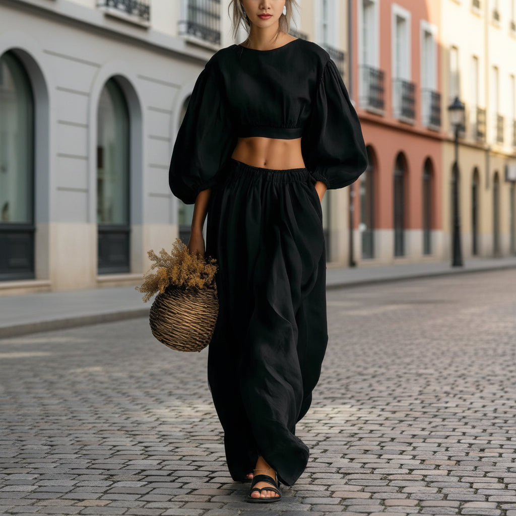 Women's Puff-Sleeve Crew-Neck Two-Piece Set with Pockets