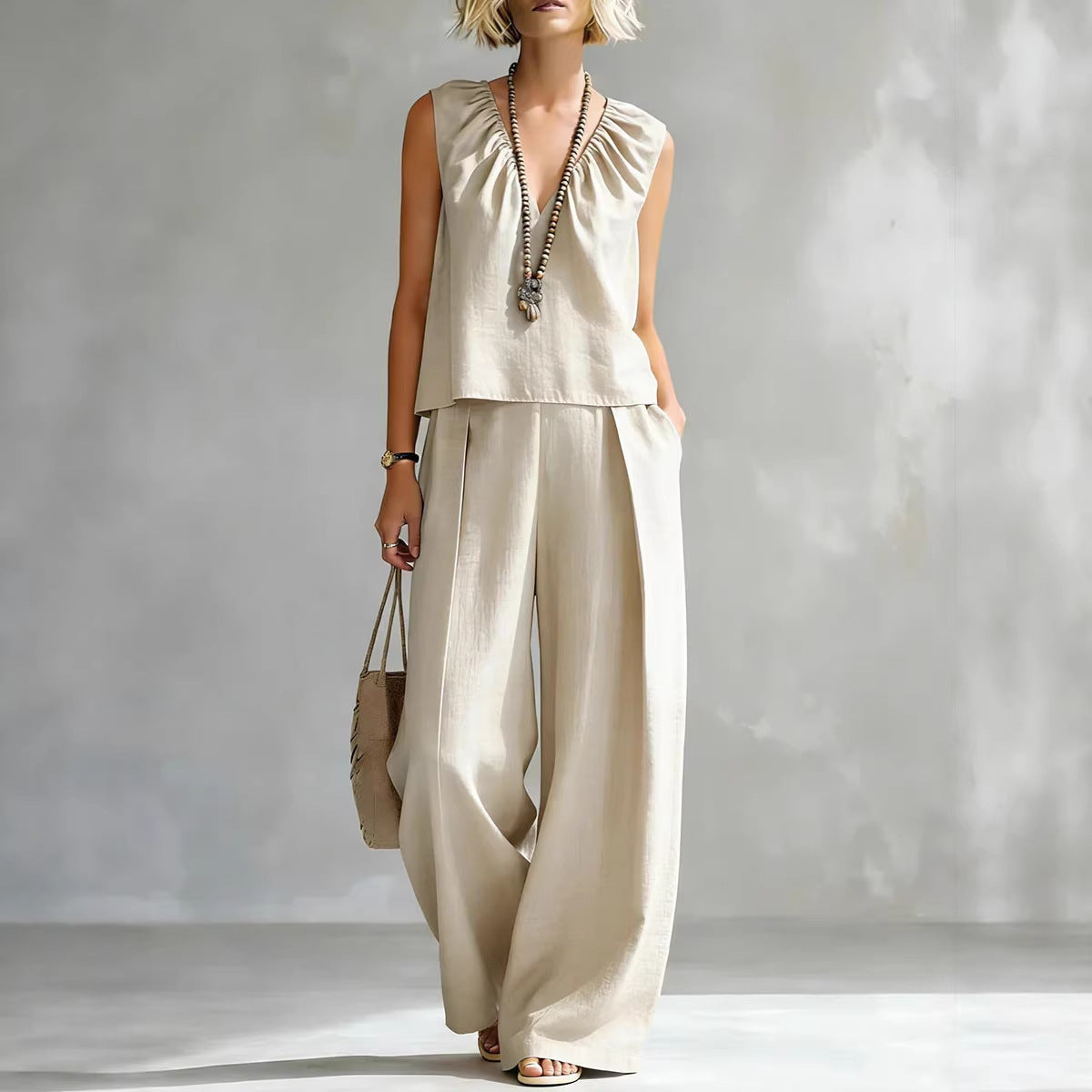 Women's Sleeveless Cotton-Linen Shirt & Pants Set – Urban 2-Piece