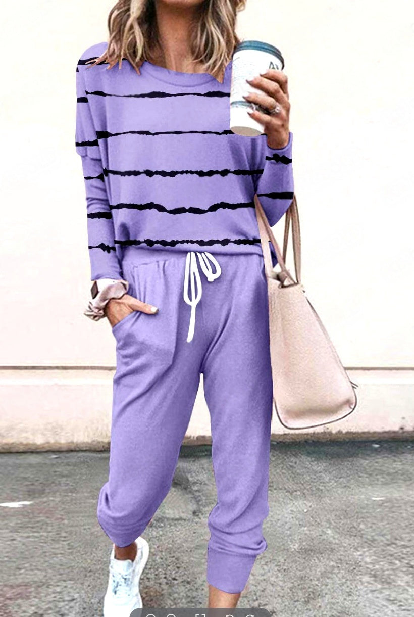 Women's Long Sleeve T-Shirt & Pencil Pants Set – Loose Fit, Striped & Solid