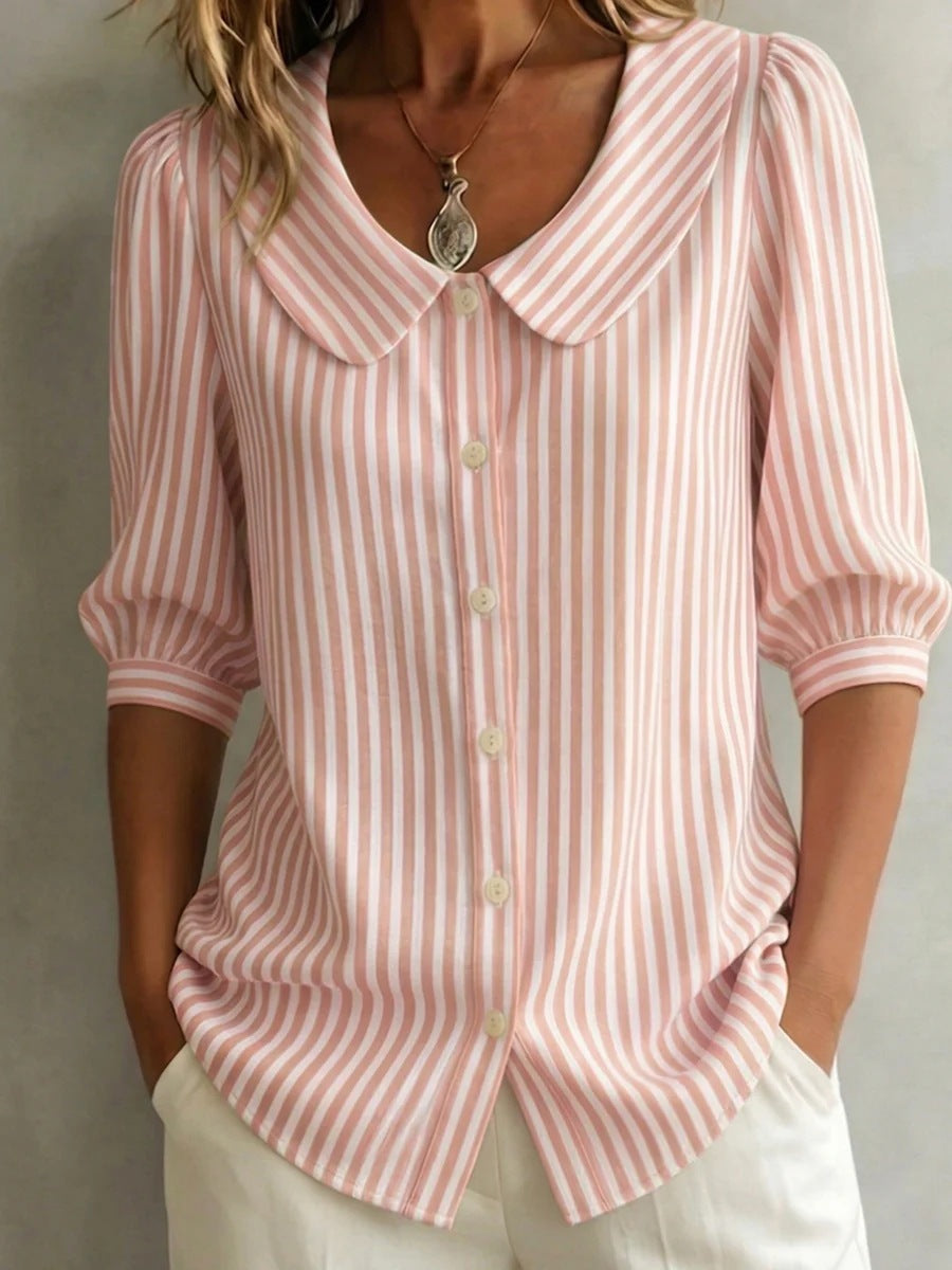 Striped V-Neck Top – Three-Quarter Sleeve Casual Shirt