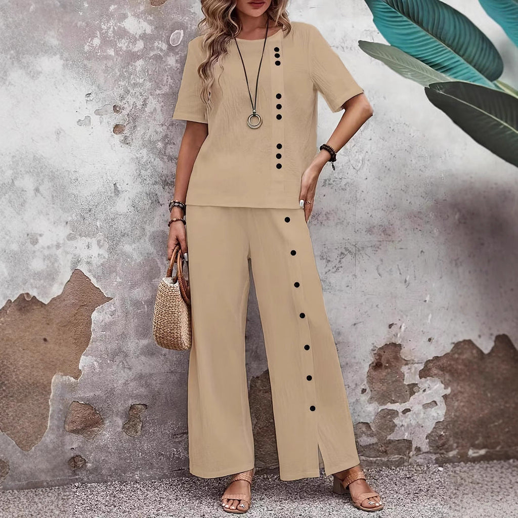 Women’s Button-Up Top and Loose Fit Two Piece Linen Set