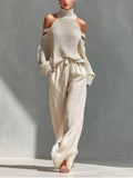 Women's Long-Sleeve Turtleneck Top & Pants Set – Elegant 2-Piece