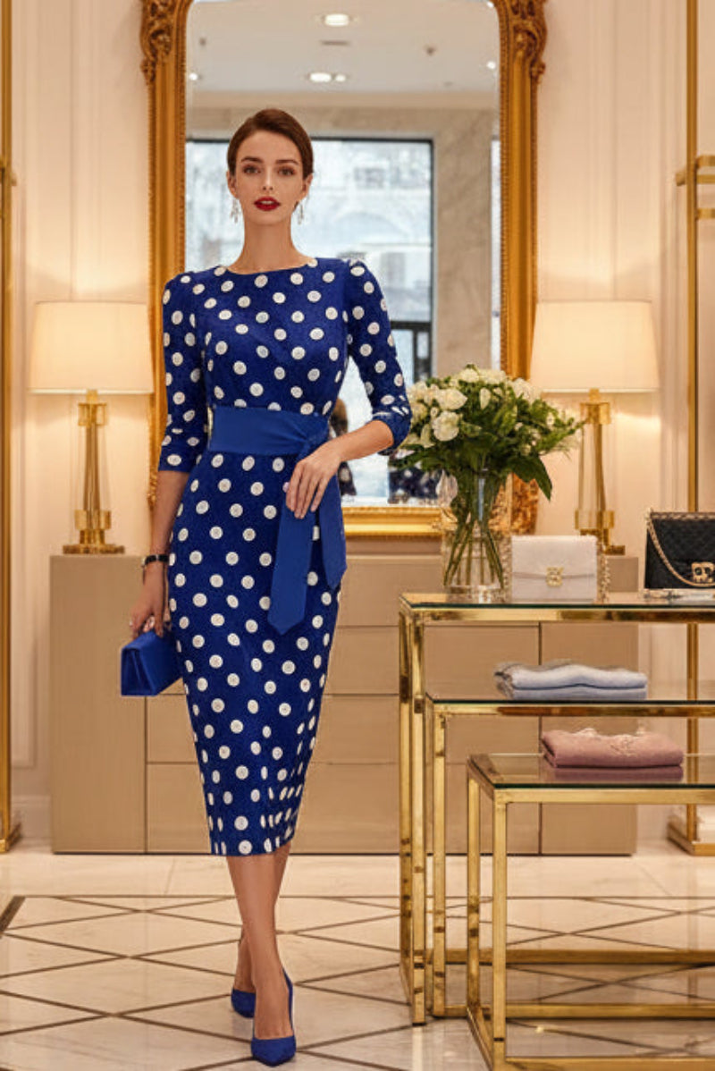 Women's Retro Polka-Dot Bodycon Midi Dress – Belted Cross-Tie