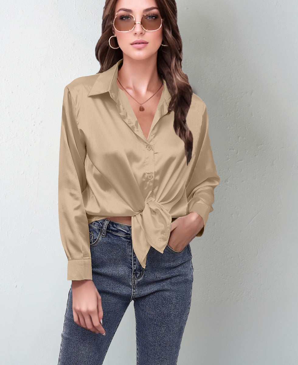 Women’s Satin Lapel Button-Down Blouse