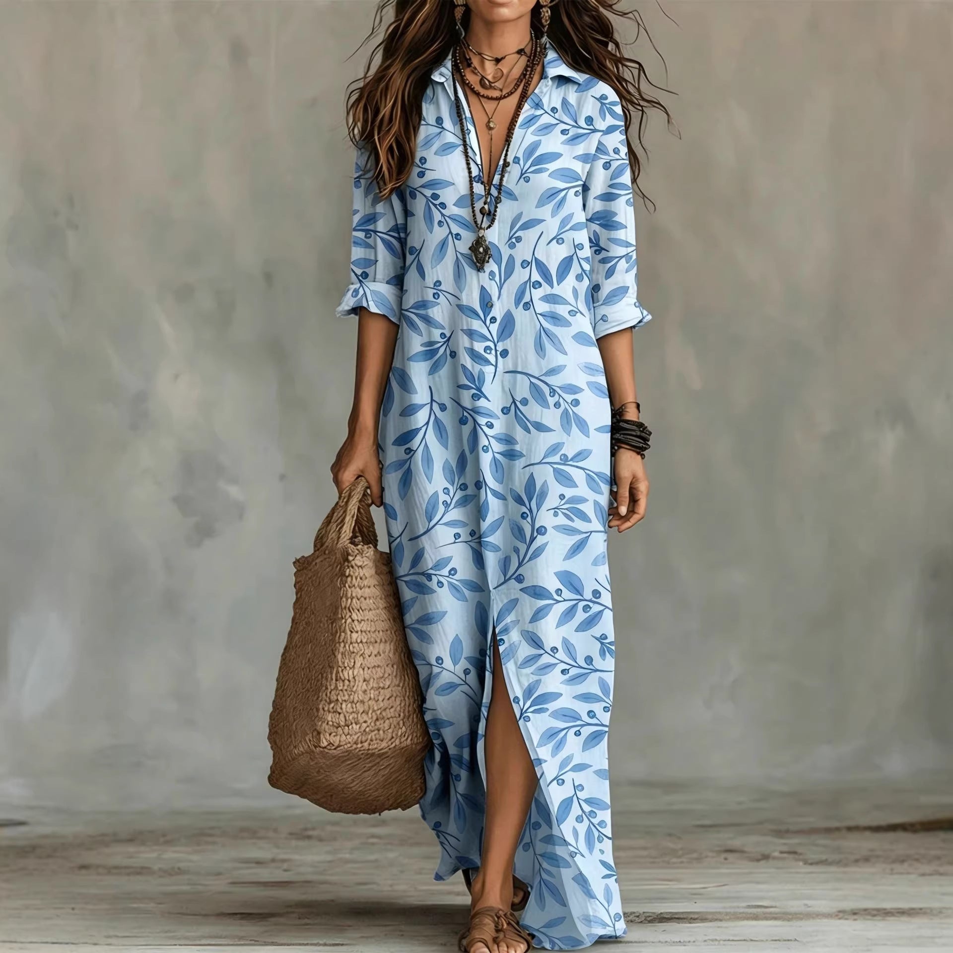 Digital Print Lapel Midi Shirt Dress – 5 Colors, S–3XL